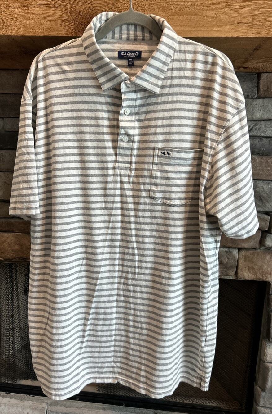 Men’s FISH HIPPIE Co. Gray/White Striped Short Sleeve Polo Shirt Size XXL *C8